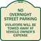 Signmission No Overnight Street Parking Violators Will Be Towed Away at Vehicle Owners Expense, TG-1818-23823 A-DES-TG-1818-23823 - alternate 1